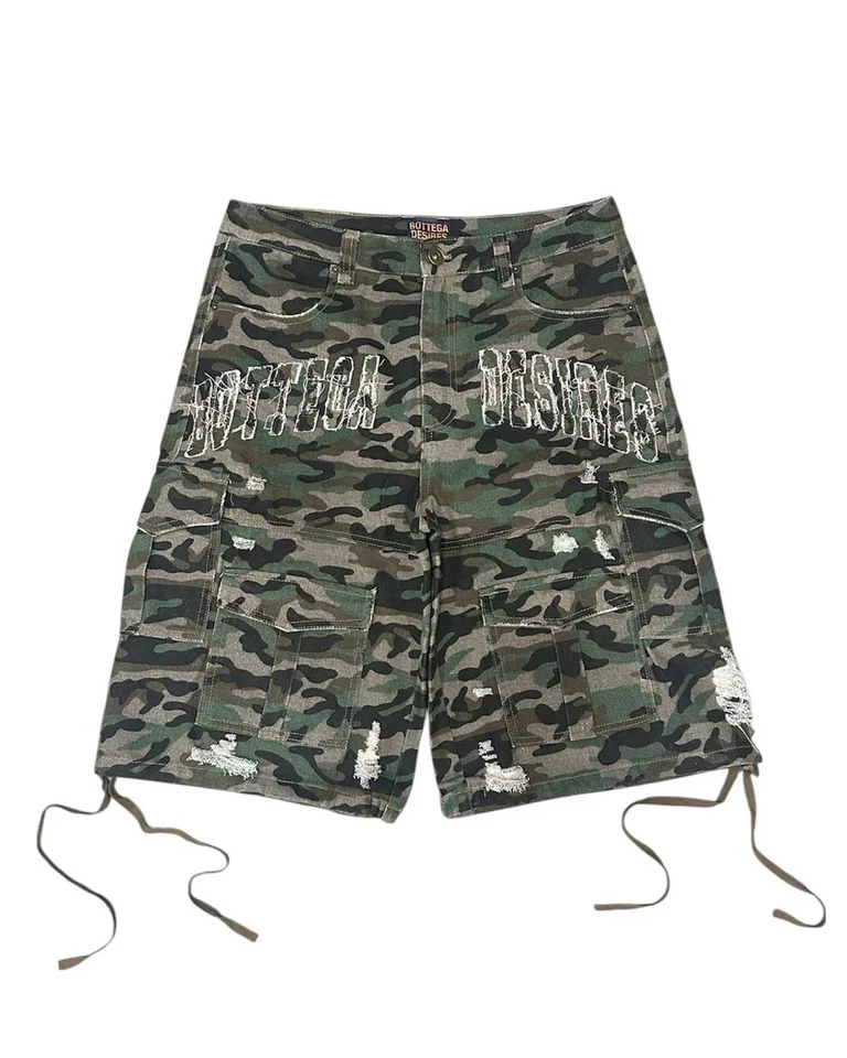 Bottega Desires Distressed Camo Cargo Shorts Green