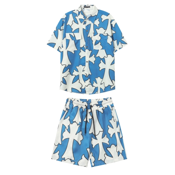 Chrome Hearts Cross Silk Shirt Shorts Set Blue