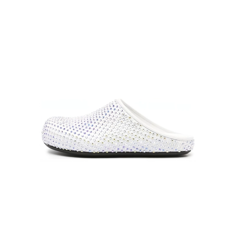Marni Calfskin Fussbett Sabot White Leather with Rhinestones SBMS004601P639400W01