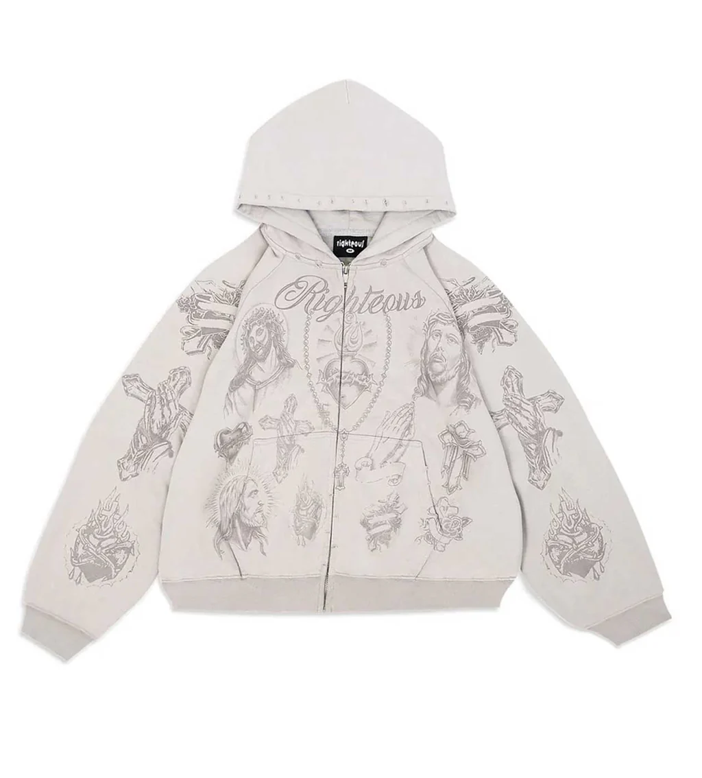 Righteous Tattoo Zip Up Hoodie Grey